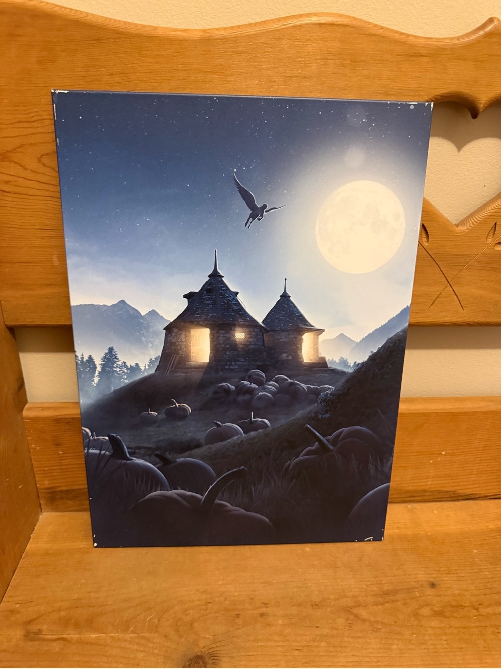 Moonlit Farmhouse Pumpkin Hill Metal Print - Blue Night Scene